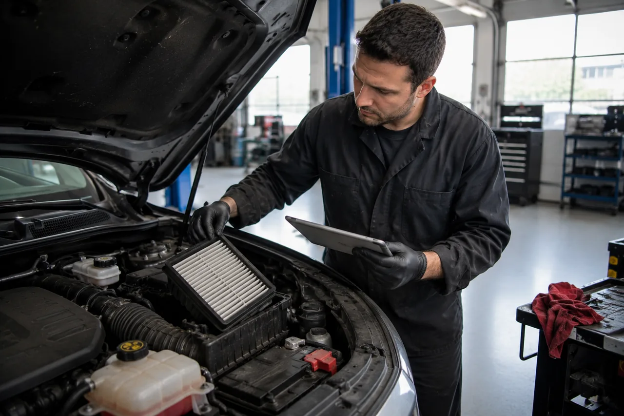 A Big O Tires Port Coquitlam technician inspecting an engine bay